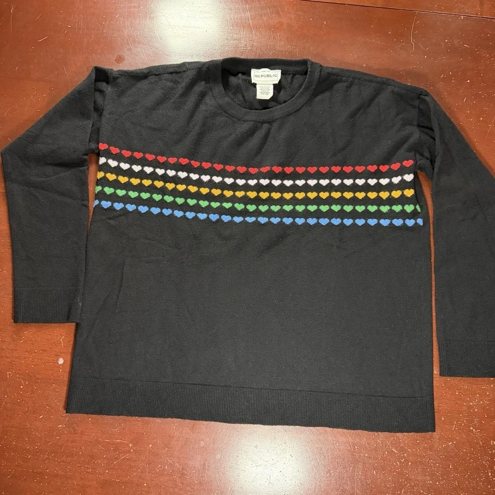 Heart Sweater Black 5 Rows Colorful Hearts Size Small - Picture 2 of 8